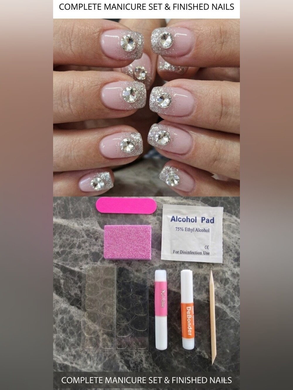 COSTOM Pink Silver Glitter Rhinestone Press-On Nails Complete Kit